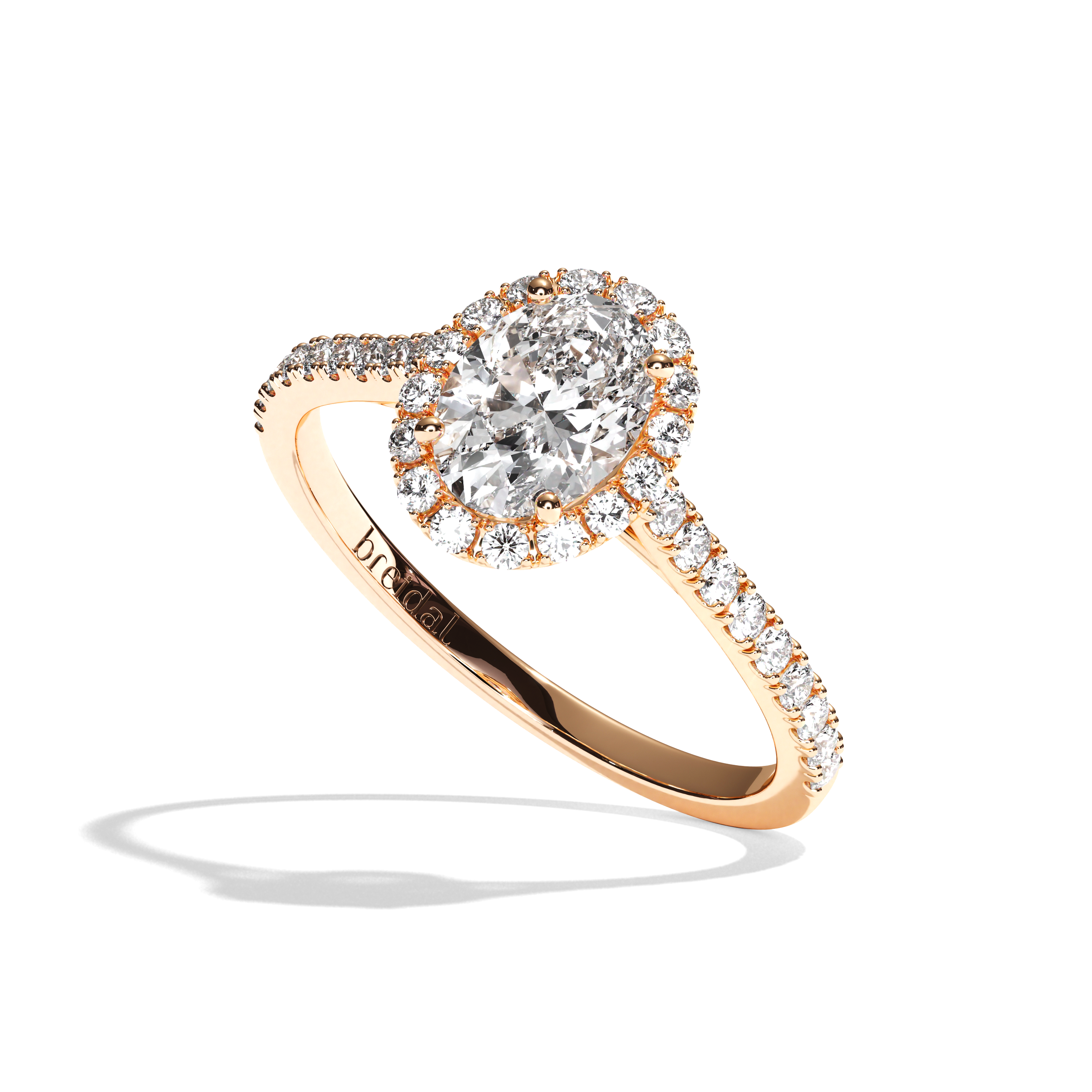 Bague solitaire halo diamant oval or blanc - Amoureuse pavée