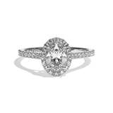 Bague solitaire halo diamant oval or blanc - Amoureuse pavée