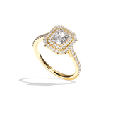 Bague solitaire halo diamant radiant or jaune - Eblouissante