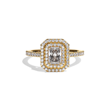 Bague solitaire halo diamant radiant or jaune - Eblouissante