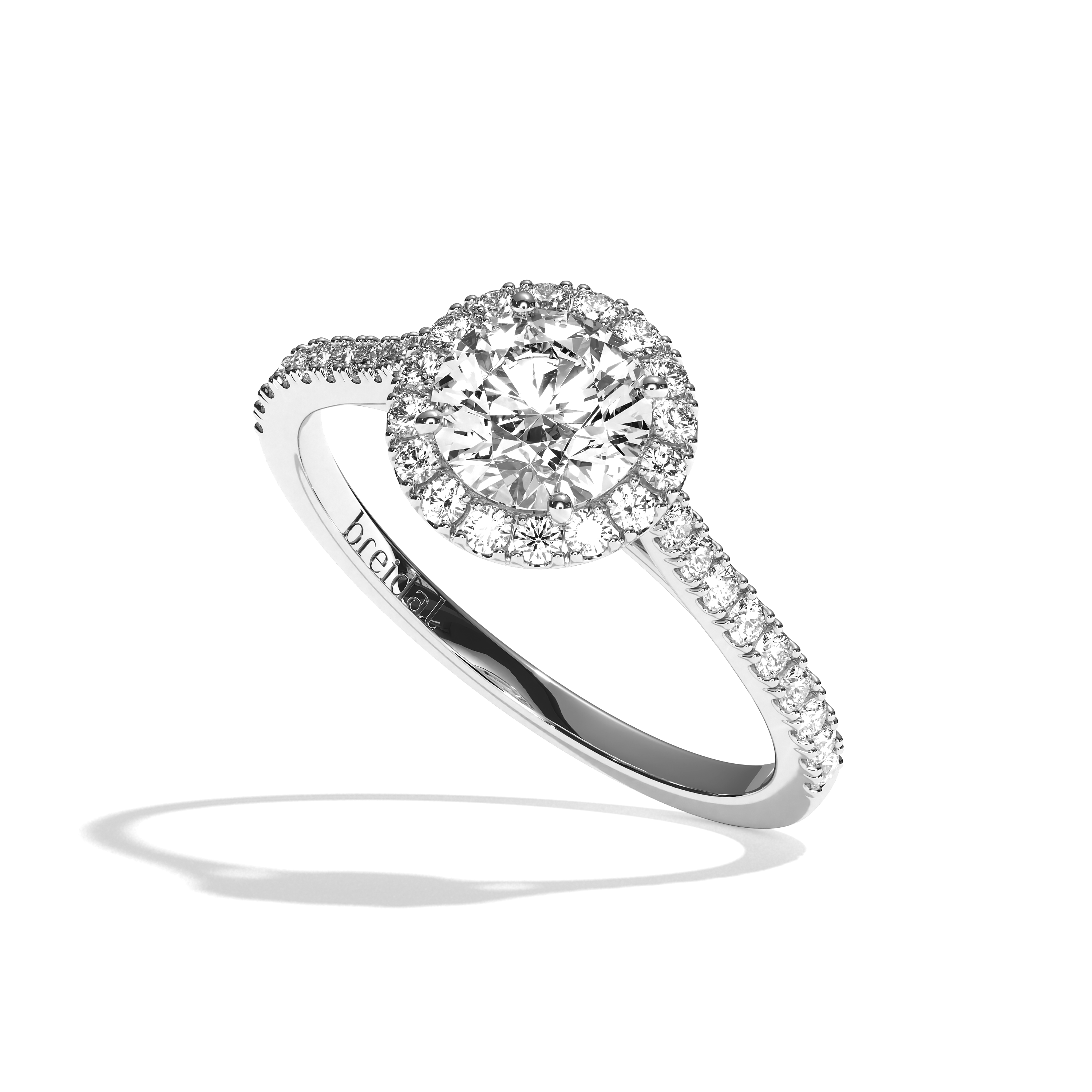 Bague solitaire halo diamant rond or blanc - Amoureuse pavée