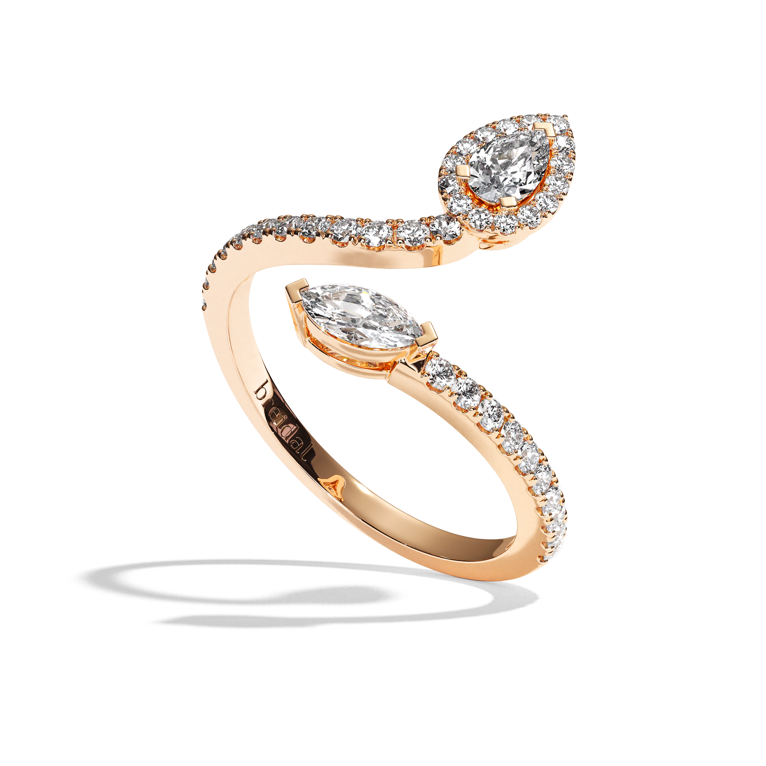 Bague toi et moi diamant poire / navette or blanc - Digne halo pavée